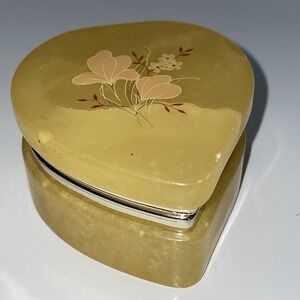 Vintage Genuine Alabaster Hand Carved Heart Shape‎ Trinket Box Floral, ITALY R29